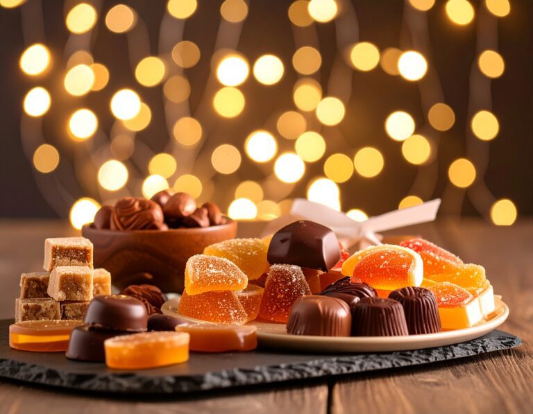 Jelly sweets, caramels and chocolates on table - International Confectionery