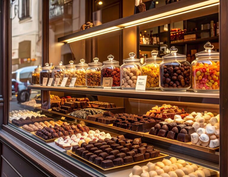 Lollies, bonbons, and chocolates on display in a shop window - International Confectionery
