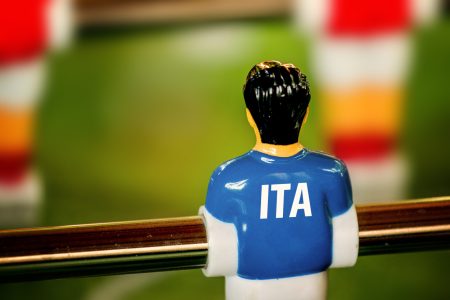 Italy National Jersey on Vintage Foosball, Table Soccer or Football Kicker Game, Selective Focus, Retro Tone Effect