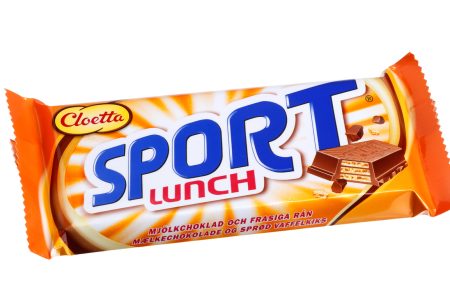 Stockholm, Sweden - August 23, 2014: One pack of Cloetta Sport lunch 80 grams milk choclate candy bar for the Swedish market isolated on white background.