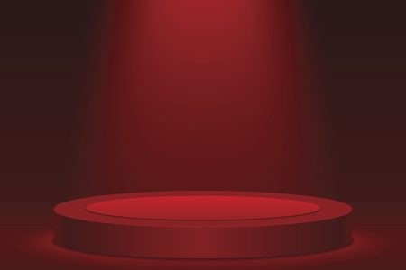 Round stage podium illuminated with red light. Stage vector backdrop. Festive podium scene for award ceremony on red background.